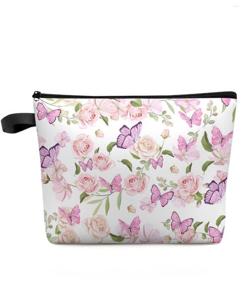 Bolsas de cosméticos flores mariposa rosa bolsa de maquillaje artículos esenciales de viaje señora mujer organizador de baño estuche de almacenamiento