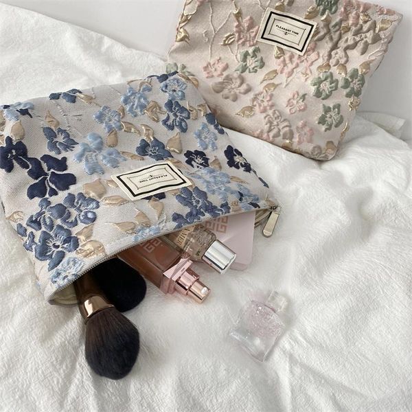 Sacs de cosmétique Fleurs Sac de maquillage imprimé toile lavage de grande capacité pour femmes