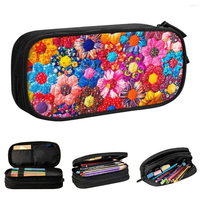 Bolsas de cosméticos Divertidas flores retro Patchwork Estuche para lápices Estuches para lápices Portalápices para niña Niño Almacenamiento grande Estudiantes Escuela Cremallera Papelería