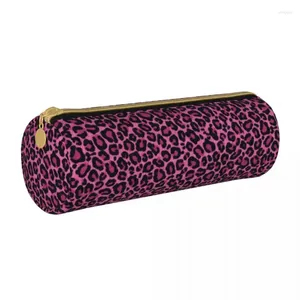 Sacs à cosmétiques Funky Leopard Imprimer Trousse à crayons ronde Rose Taches noires Papeterie Filles Garçons Boîte en cuir Mode Zipper Pen Pouch