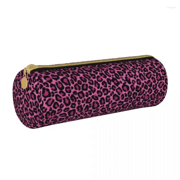 Bolsas de cosméticos Funky Leopard Print Round Pencil Case Pink Black Spots Papelería Niñas Niños Caja de cuero Moda Cremallera Estuche para bolígrafos