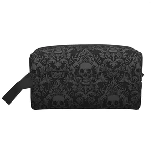 Sacs à cosmétiques gothique noir crâne damassé, sac de rangement Portable de grande capacité pour femmes et hommes, pochette de toilette de voyage