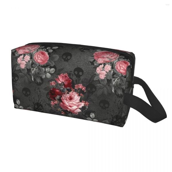 Bolsas de cosméticos, neceser con diseño de rosas góticas y calaveras, estuche de maquillaje Floral de gran capacidad a la moda para mujer, artículos de tocador de almacenamiento de belleza