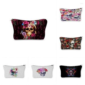 Bolsas de cosméticos, bolsa de Halloween, bolsa de maquillaje con estampado de rosas y Calavera, organizador de almacenamiento de artículos de tocador fresco, bolso de mano pequeño ecológico a la moda para mujer, llegada