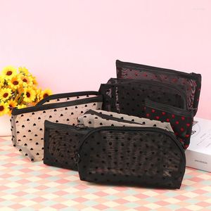 Bolsas de cosméticos Corazón Malla transparente Estuche de maquillaje Organizador Bolsa de almacenamiento Cremallera informal Aseo Lavado Maquillaje Mujer Bolsa de viaje