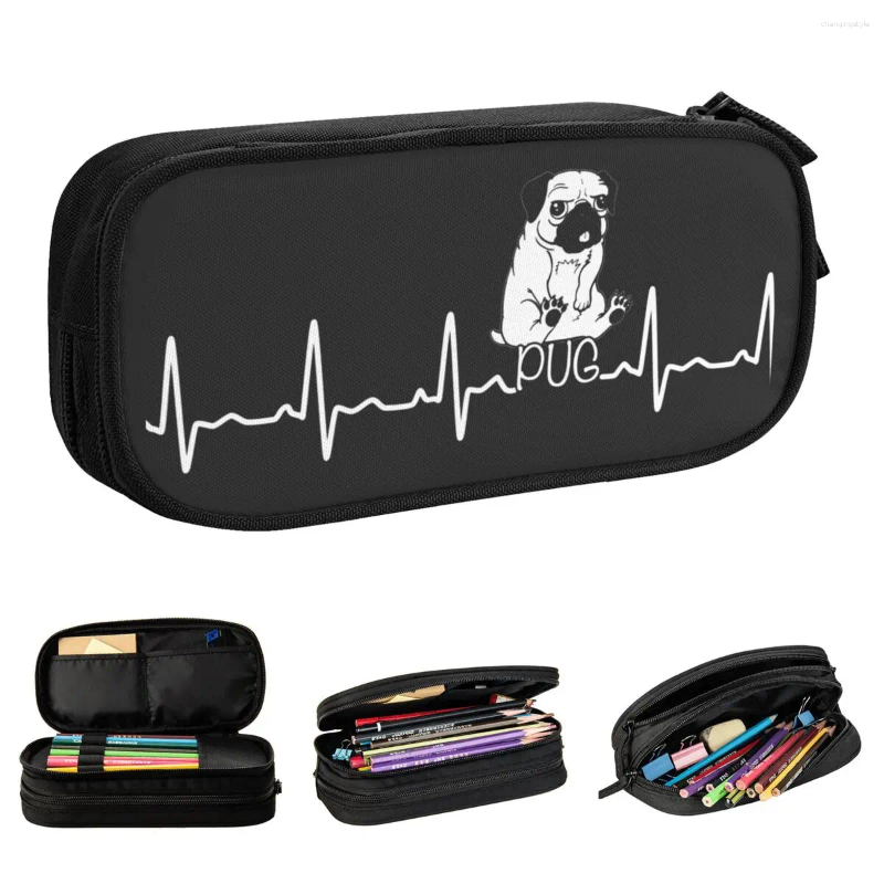 Cosmetic Bags Heartbeat Pug Funny Dog Lover Pencil Case Fashion Pen Holder Bag Kids Large Storage Students School Gift Pencilcases
