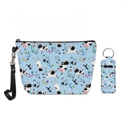 Cosmetische tassen Kawaii Kawaii Cow Print Women Toiletiebag Make -up Duurzame opslag Polsband Keychain Lipstick Case