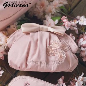 Bolsas de cosméticos Serie de flor de cerezo japonesa Bolsa de bola de masa hervida para niñas Linda mini bolsa de embrague rosa Bolsa de cosméticos de satén con lazo para mujer Q231108