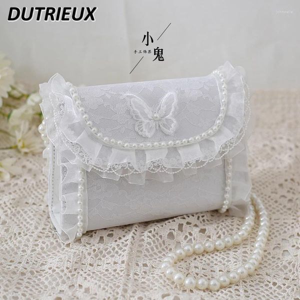 Bolsas de cosméticos estilo japonés lolita elegante bandolera de un solo hombro bolso cuadrado con cadena de perlas de mariposa para mujer