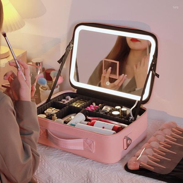 Bolsas de cosméticos, bolsa de gran capacidad con espejo, luz LED y maquillaje, productos para el cuidado de la piel, almacenamiento de viaje portátil cosmético