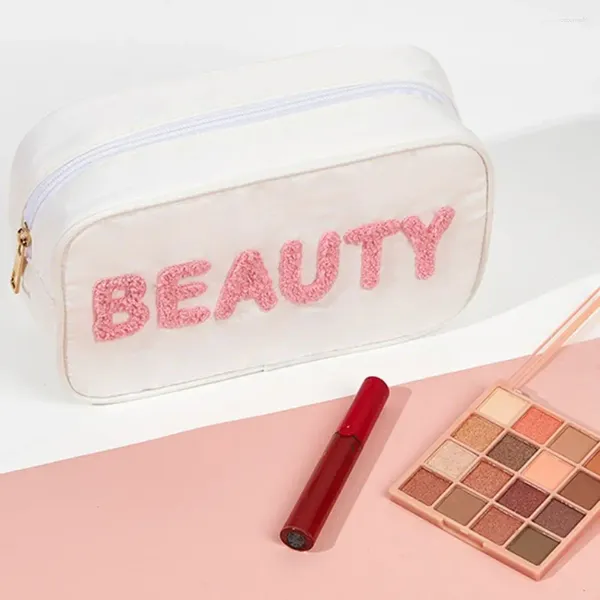 Bolsas cosméticas Bag de maquillaje de gran capacidad blanca Manejo de la caja de almacenamiento de cosméticos de ahorro de espacio multifuncional