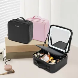 Cosmetische tassen grote capaciteit met mirro LED -licht PU -tas Make -up cosmetica opbergdoos Organizer