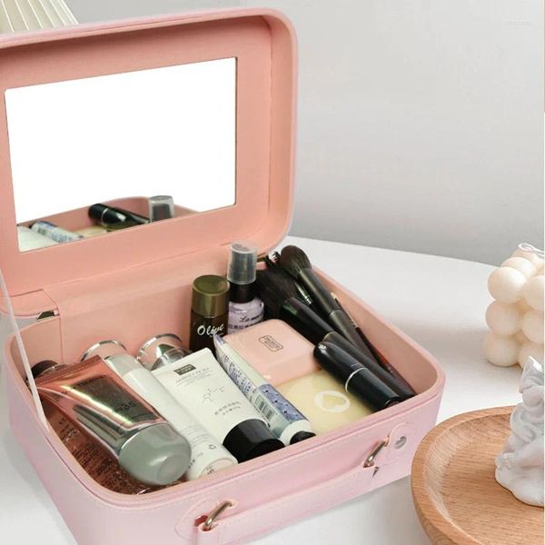 Sacs de cosmétiques Sac en cuir pour femmes Étui à maquillage de voyage portable multifonctionnel avec miroir professionnel de grande capacité Stockage