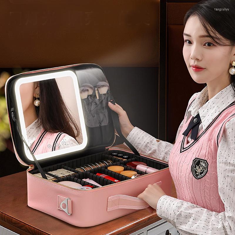 Kosmetiska väskor LED med lätt spegelfyllning Makeup Väska stor kapacitet resor Skönhet Portable Desktop Storage Box