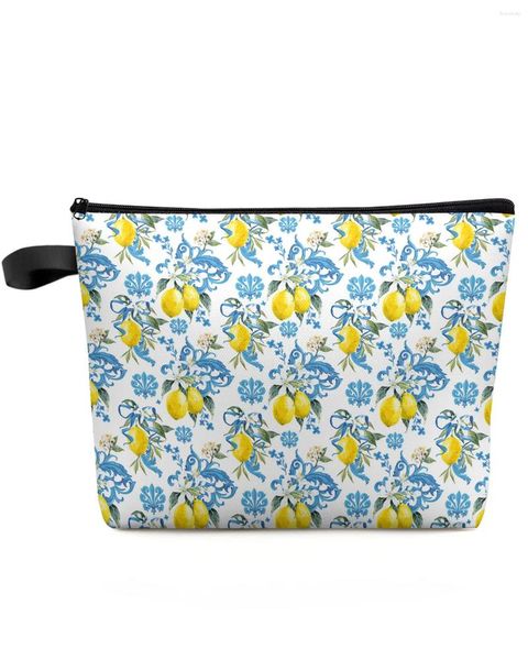 Sacs à cosmétiques Citron Baroque Fleur Bleu Blanc Maquillage Sac Pochette Voyage Essentiels Dame Femmes Toilette Organisateur Rangement Crayon Cas