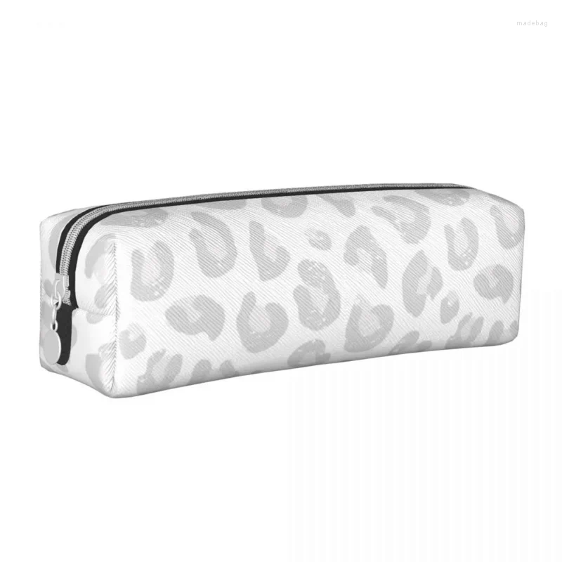 Sacos cosméticos leopardo impressão lápis caso prata cinza e branco caneta titular saco meninas meninos grande armazenamento estudantes escola pencilcases