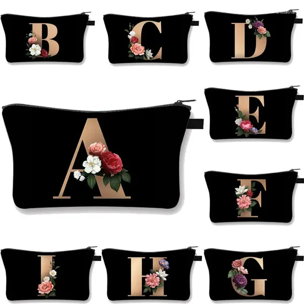 Bolsas de cosméticos con estampado de flores y letras para mujer, A-Z de maquillaje, regalo de viaje para dama de honor, Estuche portátil para mujer, belleza