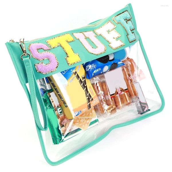 Bolsas de cosméticos con parches de letras, bolsa de PVC Traparent, bolso de mano para mujer, bolsas de maquillaje de viaje transparentes, artículos de tocador para maquillaje