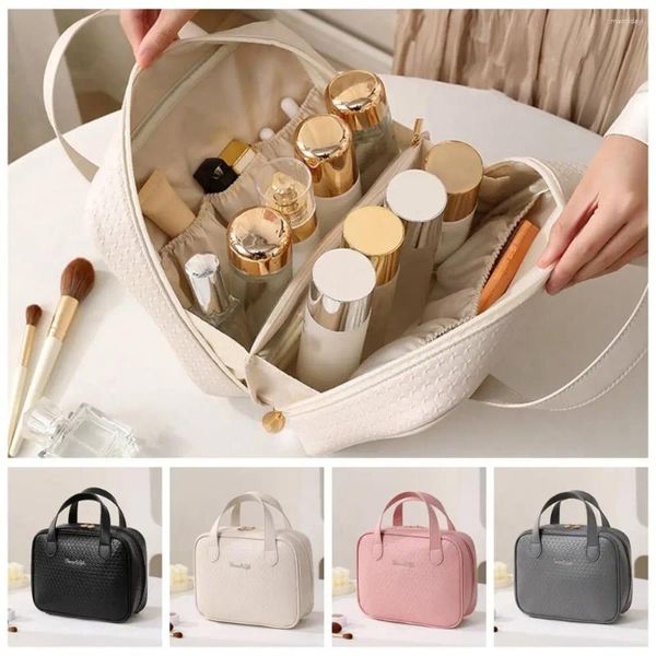 Bolsas de cosméticos con letras, bolsa con cierre de cuero PU, resistente al agua, lavado de viaje, artículos de tocador de Color puro, organizador, bolsa de maquillaje cuadrada