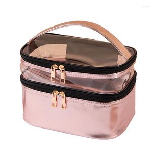 Bolsas de cosméticos, bolsa de maquillaje multifunción Doble transparente para mujer, estuche organizador de viaje de gran capacidad, almacenamiento de belleza y artículos de tocador