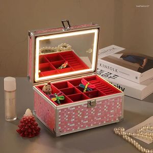 Cosmetische tassen Make-up Beauty Case LED 3 verstelbare kleuren Professionele organisator Box Aluminiumlegering Make-up Afsluitbare sieraden