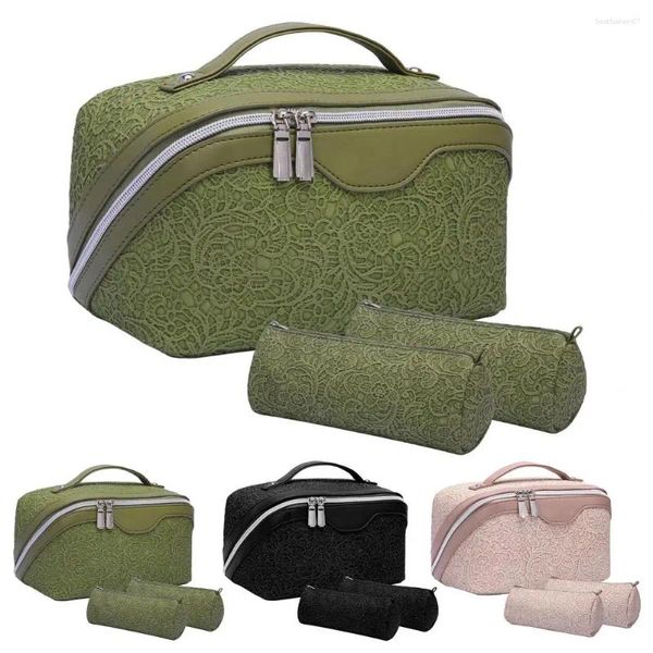 Sacs à cosmétiques Étui de rangement de maquillage Rétro Faux Sac en cuir Ensemble avec texture de fleur imperméable à l'eau Capacité de couleur unie Toilette portable