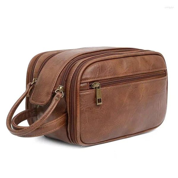 Bolsas de cosméticos para hombre, neceser de cuero Vintage, neceser de viaje, estuches de maquillaje de negocios, organizador de almacenamiento colgante para hombre