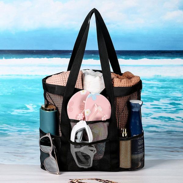 Sacs à cosmétiques Sac de plage en maille Fourre-tout surdimensionné de grande capacité Poche intérieure étanche Fermeture à glissière Sacs à main et sacs à main à poignée supérieure