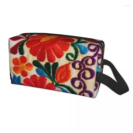 Bolsas de cosméticos con flores mexicanas para mujer, bolsa de maquillaje artística bordada, organizador de viaje, artículos de tocador de almacenamiento folclóricos florales bonitos