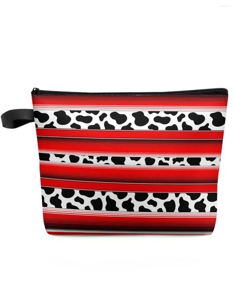 Bolsas cosméticas rayas méxico patrón de vaca de la piel animal textura de la bolsa de maquillaje roja