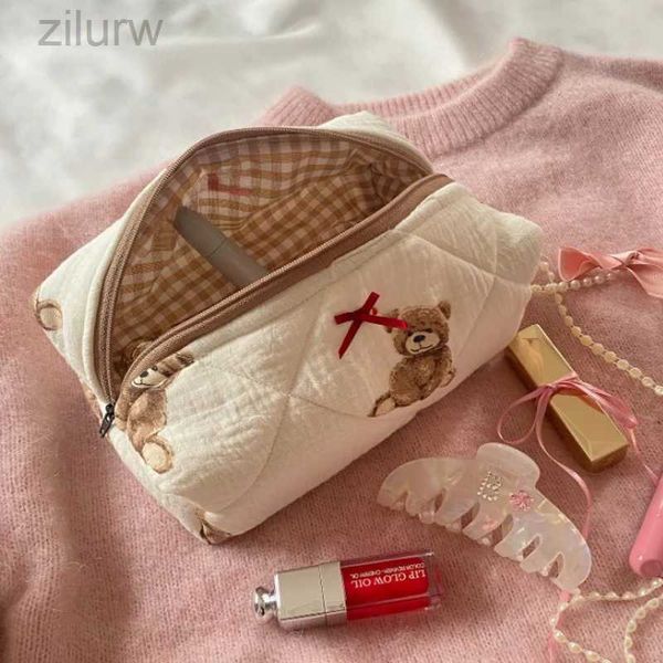 Sacs cosmétiques Mirosie Sac de maquillage à ours en peluche mignon grande capacité portable sac de rangement cosmétique coton literie de nettoyage Sac de soins de la peau D240425