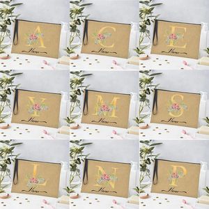 Bolsas de cosméticos con nombre, personalización de flores, alfabeto dorado, bolsa de maquillaje, regalo para profesora, estuche de lápiz labial de viaje de lino para mujer