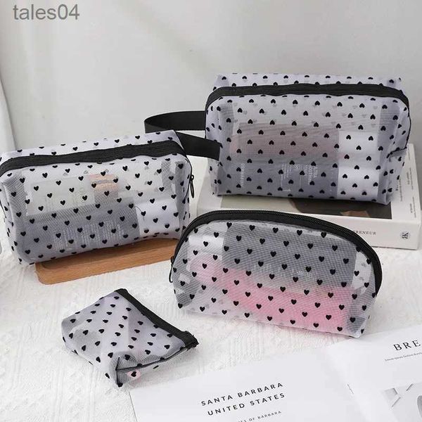 Bolsas de cosméticos Nueva bolsa de maquillaje de malla de corazón transparente Bolsa de almacenamiento de herramientas de maquillaje de nailon portátil Organizador de viaje Bolsa de cremallera transparente para cosméticos YQ240220