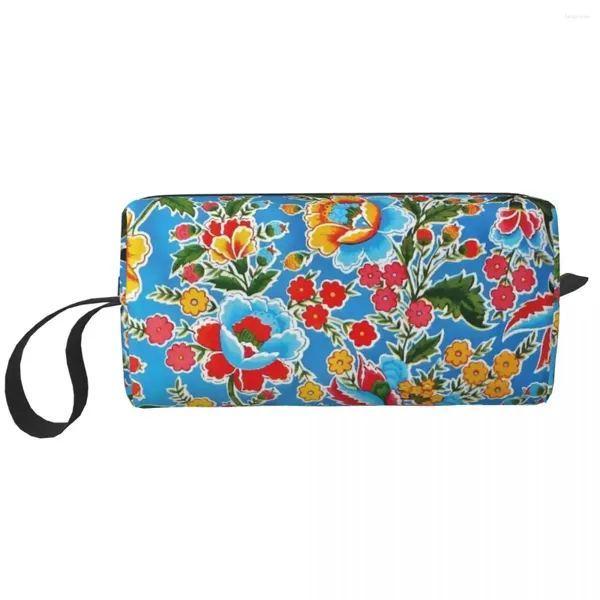 Oaxaca – sacs à cosmétiques à fleurs colorées, sac de maquillage bleu de Style mexicain, sac de grande capacité, pochette extérieure à la mode pour le rangement du sac à main