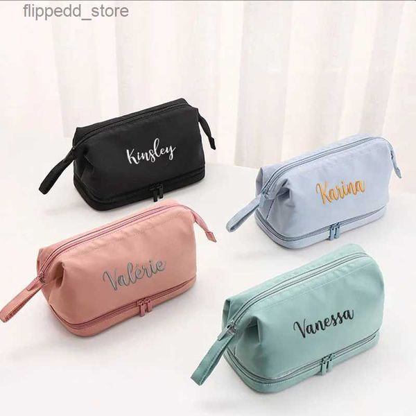 Bolsas cosméticas Bolsa de almacenamiento de alta textura de nylon simple personalizada Bordado personalizado Bolsa de lavado doble Bolsa de maquillaje portátil de cejas de alta capacidad Q231108