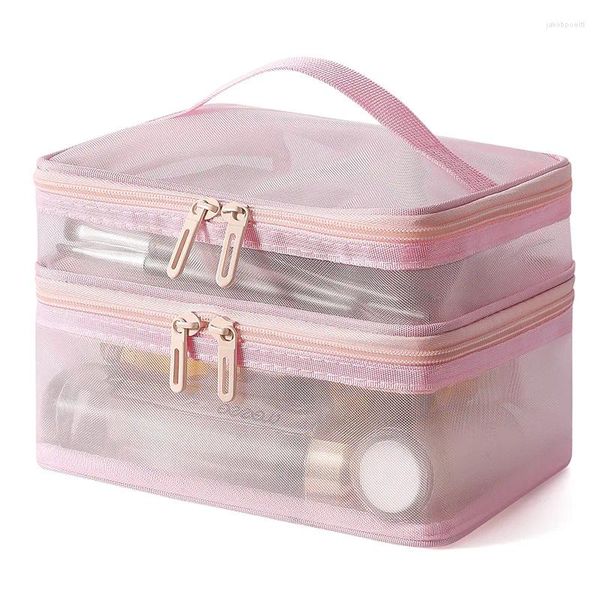 Sacs à cosmétiques rose double couche sac en maille femmes trousse de maquillage portable grande capacité voyage fermeture éclair organisateur de maquillage boîte de rangement de toilette