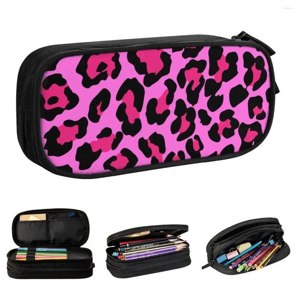 Bolsas de cosméticos estuches de lápices de leopardo rosa, estuches de animales de guepardo, caja de bolígrafos, bolsa de almacenamiento grande para niños, papelería con cremallera para oficina