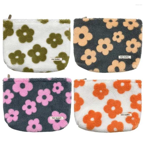 Bolsas de cosméticos Bolsa de maquillaje portátil de felpa con cremallera Lindo floral Kawaii Bolsa de maquillaje para monedero Lápiz Mujer Adolescente Chica