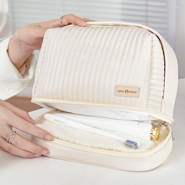 Astucci per cosmetici Borsa a doppio strato in PU Kit per il lavaggio di articoli da toeletta femminili Organizzatore per il trucco Custodia per il trucco alla moda da viaggio portatile per donne Ragazze