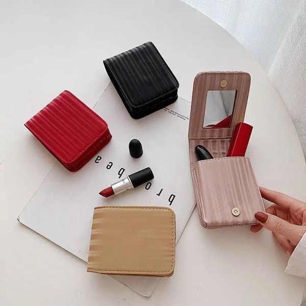 Bolsas de cosméticos Pu cuero lápiz labial bolsa maquillaje caja de almacenamiento mini con espejo al aire libre