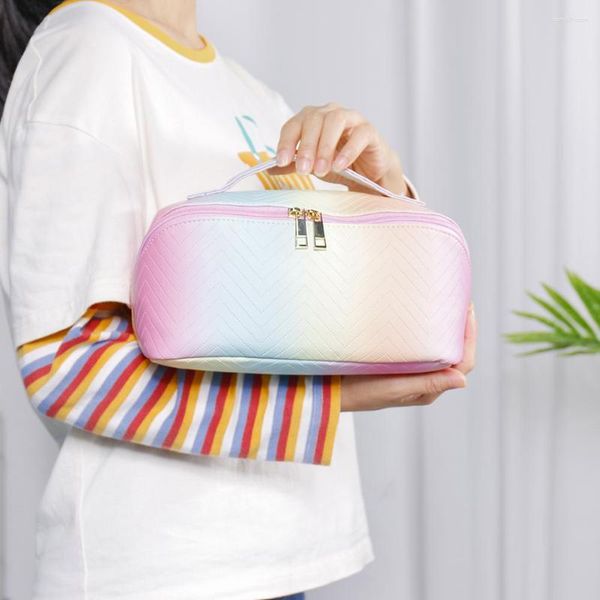 Bolsas de cosméticos Bolsa de maquillaje de cuero de PU Diseño ondulado colorido Lavado en gradiente Estuches portátiles de gran capacidad Bolsas de herramientas de maquillaje con cremallera