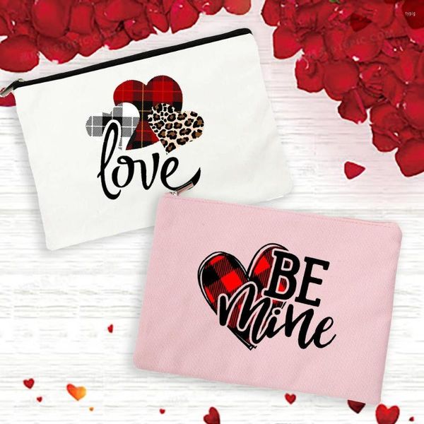 Bolsas de cosméticos a cuadros rojos amor corazón mujer bolsa de maquillaje Be Mine estuches con estampado bolso lápiz labial organizador de viaje regalo de San Valentín