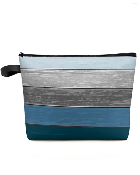 Bolsas de cosméticos Retro granja granero grano de madera azul gris gradiente bolsa de maquillaje bolsa organizador de artículos esenciales para mujer estuche de almacenamiento