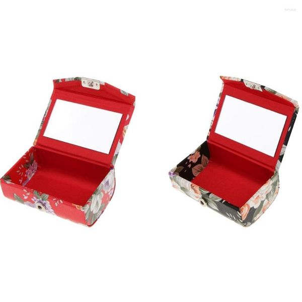 Bolsas de cosméticos Retro Floral PU estuche de cuero para lápiz labial caja de almacenamiento de joyería soporte de maquillaje con espejo