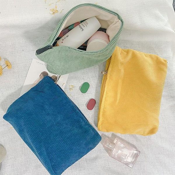 Bolsas de cosméticos, bolsa de almacenamiento Retro, bonito organizador de maquillaje de pana, Color sólido, neceser de viaje grande, bolsa interior para mujer