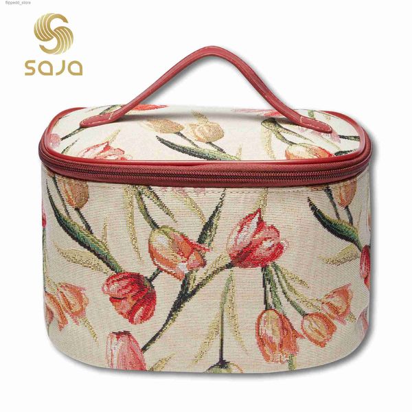 Sacs à cosmétiques SAJA sac de maquillage pour femmes sac à cosmétiques à fermeture éclair femme voyage maquillage beauté trousse de toilette organisateur étui motif de fleur de tulipe Q231108