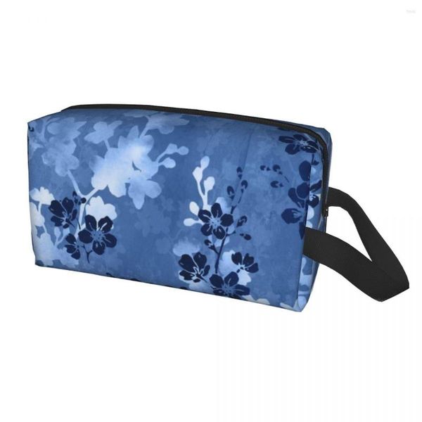 Sacs à cosmétiques Sakura Blossom en bleu voyage trousse de toilette pour femmes Floral cerise maquillage organisateur beauté stockage Dopp Kit