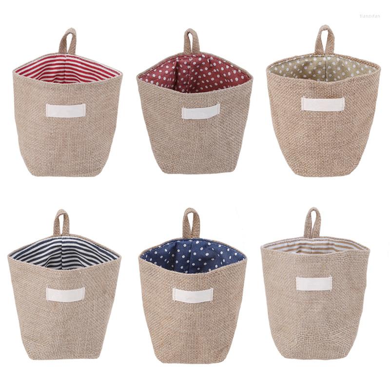 Cosmetic Bags Simple Large Capacity Women Box Jute Cotton Linen Sundries Basket Bag Wall Hanging For