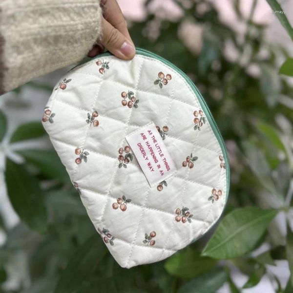 Borse per cosmetici Borsa per trucchi per piccoli gruppi in cotone pieghettato da viaggio portatile da donna in stile coreano con motivo floreale per trucco da donna