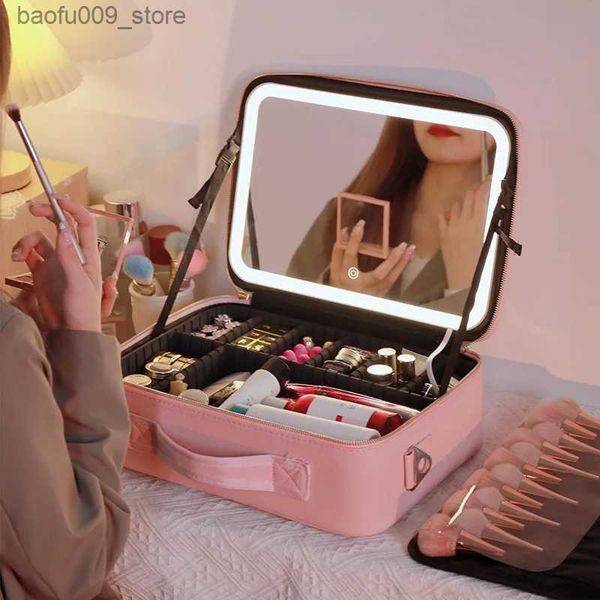 Bolsas de cosméticos Bolsa de maquillaje LED inteligente con luces de espejo Estuche cosmético profesional de gran capacidad para mujeres Organizadores de viaje Kit de belleza Almacenamiento Q231229